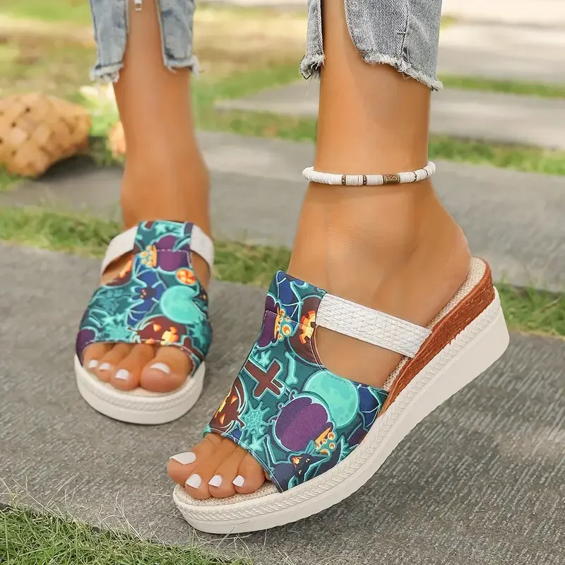 

Women's Skull Printed Sandals, Colorful Woven Seaside Slide Platform Shoes, Halloween Comfort Wedge Beach Slide