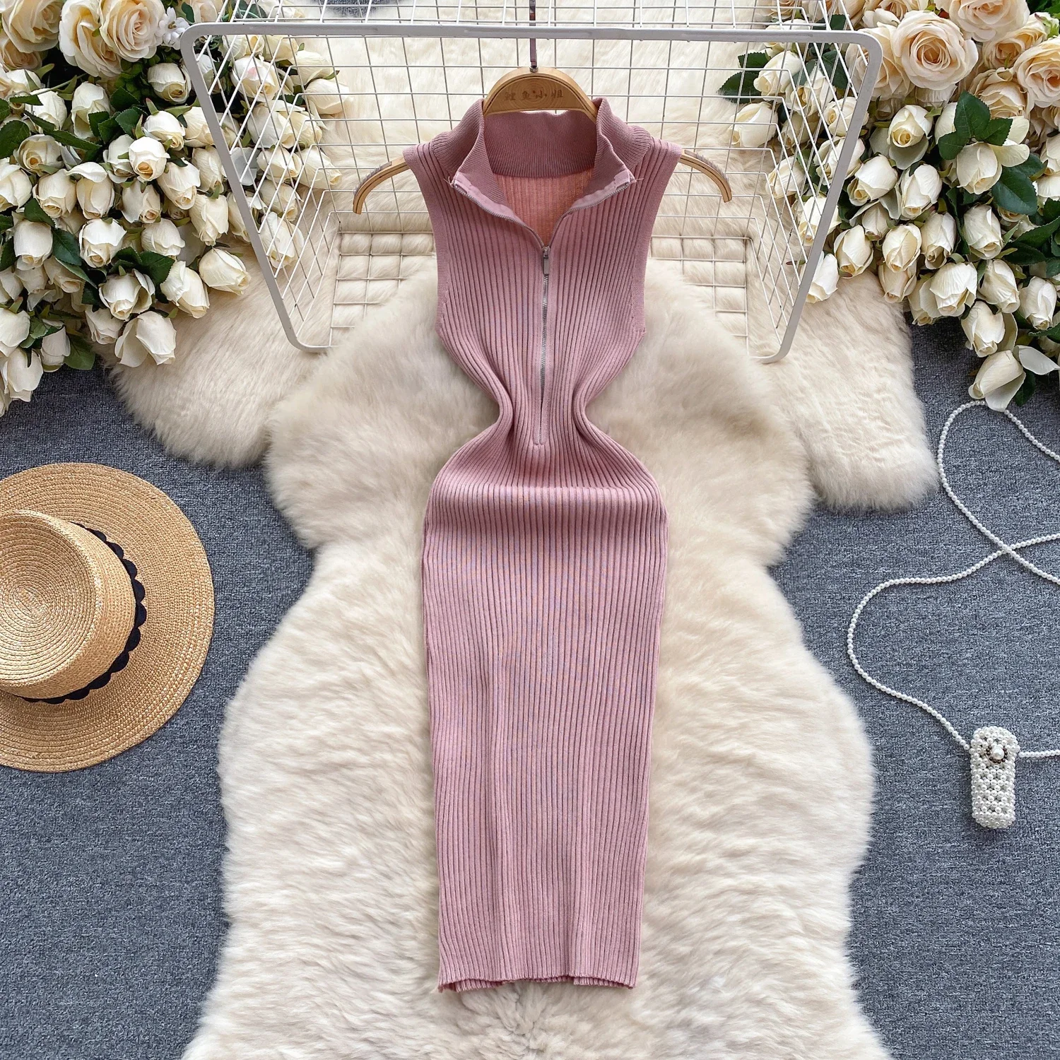 Robe d'été rose Sexy avec fermeture éclair, bretelles en tricot, débardeur, taille élastique, moulante, robe de plage, sans manches, Mini, 2024