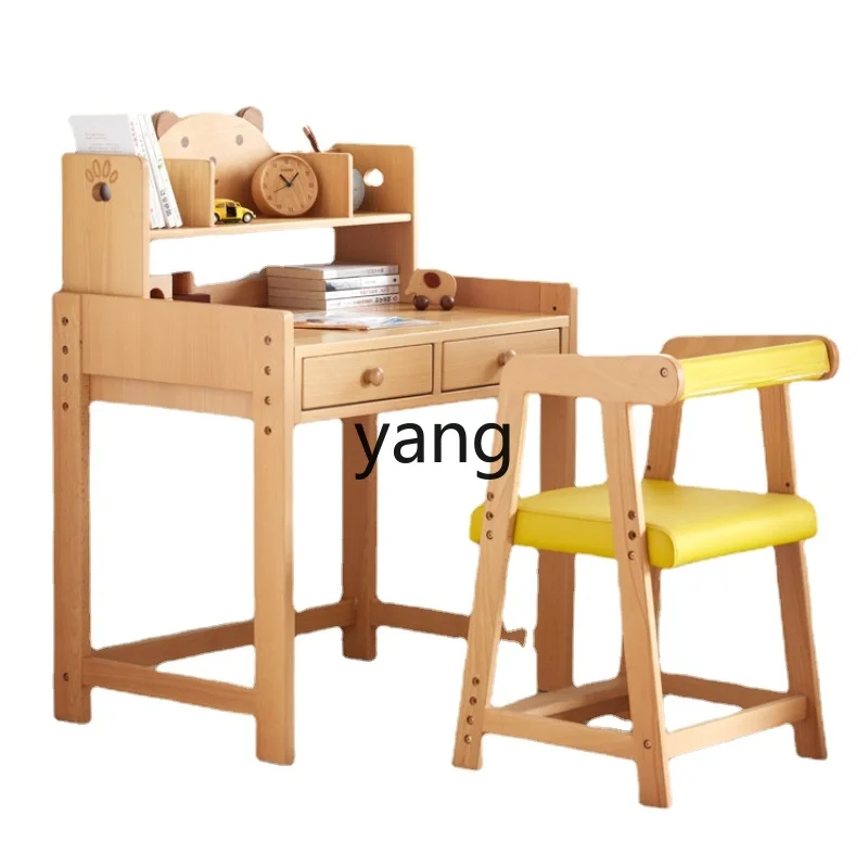 

LMM Solid Wood Children's Desk Adjustable Study Table Beech Home Desk Cartoon Writing Desk E2163