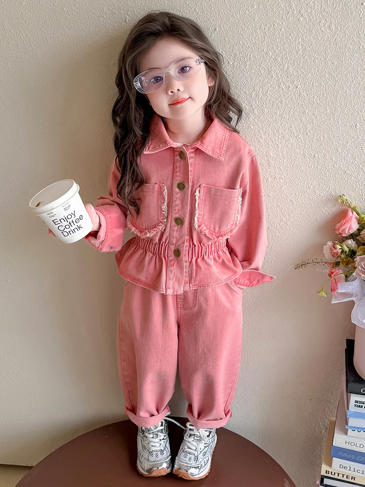 

Spring Autumn Long Sve Girls Jaet Set Casual Denim Jeans Two Piece Suit Cotton Material Flip Collar Sle Children's Wear