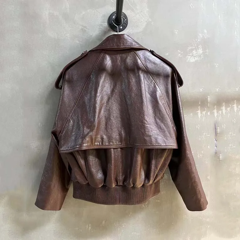 Cappotto in vera pelle di pecora naturale primavera autunno colletto rovesciato vestiti doppio petto manica corta a spalla scesa