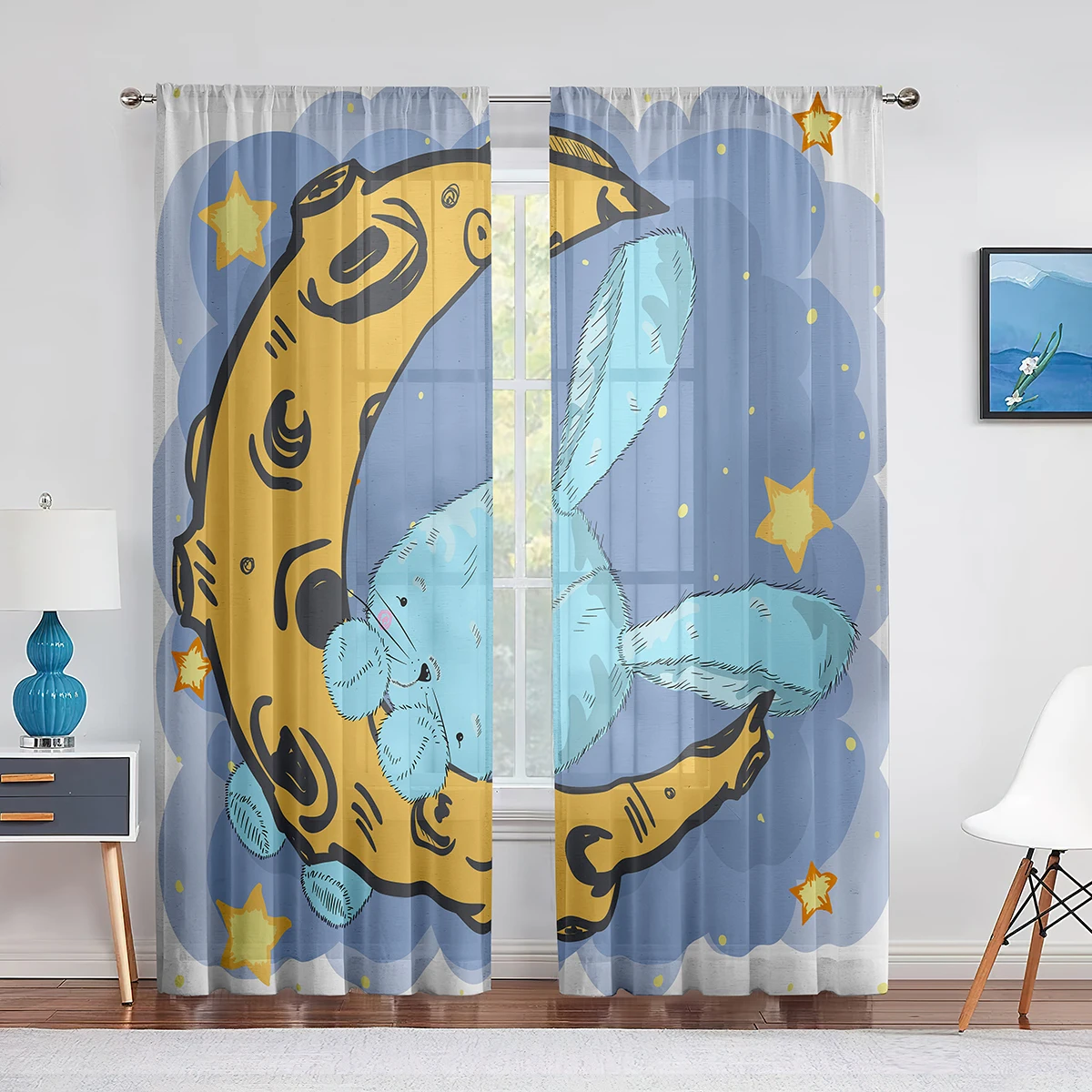 Cute Cartoon Bunny on The Moon Stars Rabbit Tulle Curtains for Living Room Kitchen Kids Bedroom Sheer Voile Curtain Decoration