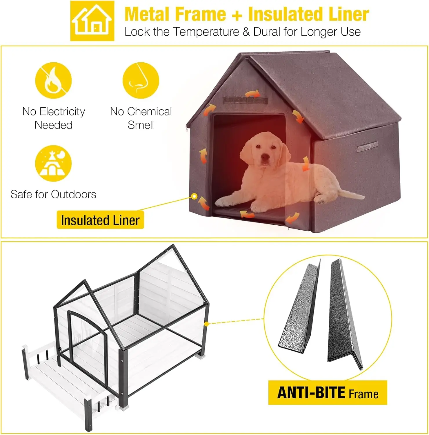 Outdoor Dog House with Metal Frame Anti-Bite Insulated Dog Kennel Waterproof Puppy Shelter Indoor for Small Medium Dogs