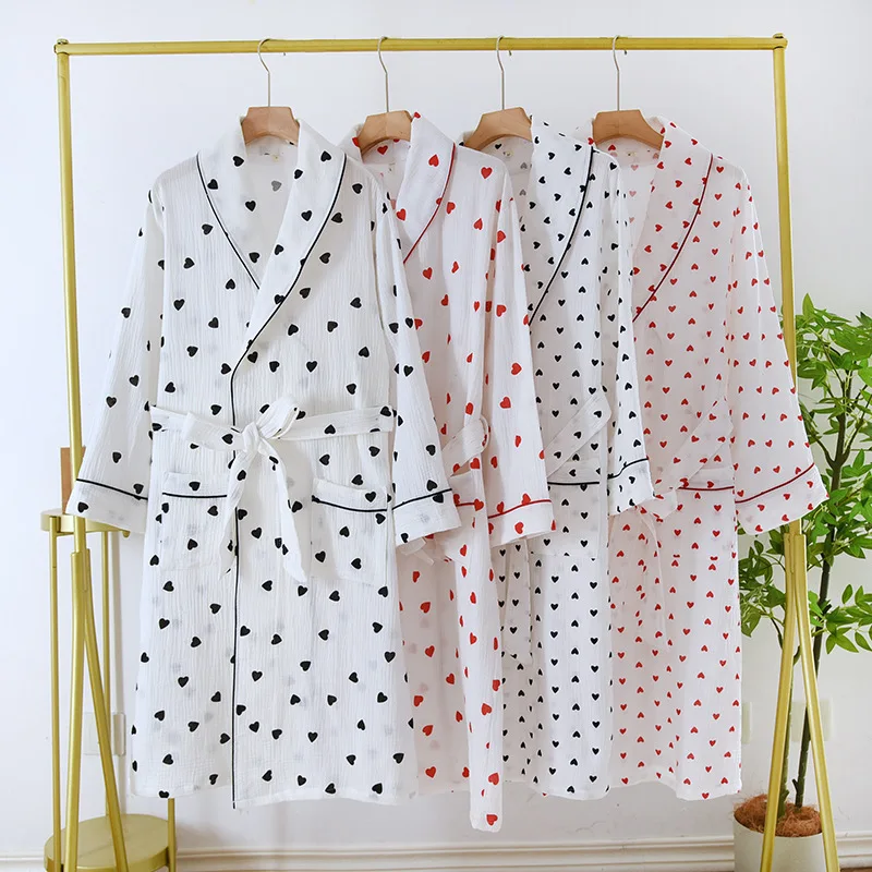 

Pure Cotton Pajamas Women's Long Sleeved Bathrobes Double Layered Gauze Spring and Autumn Cotton Home Clothes Pajamas