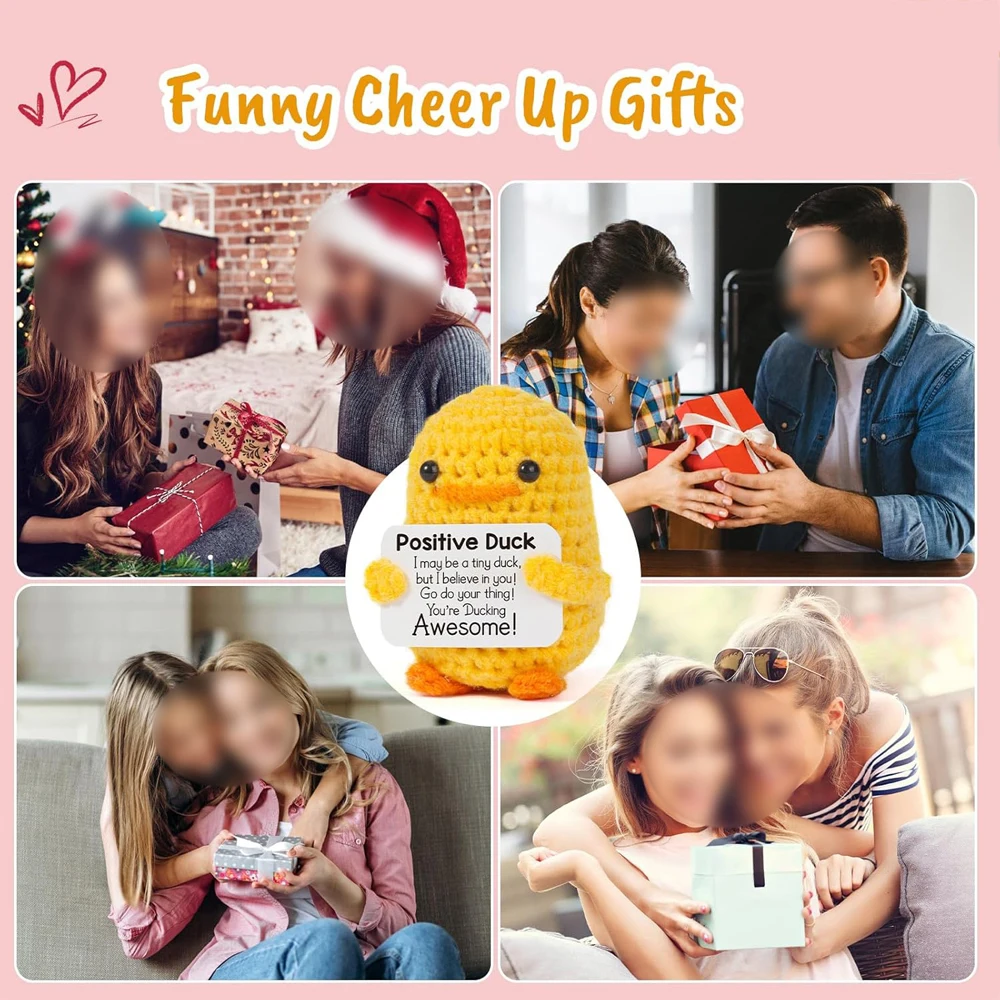 7.5CM Positive Energy Yellow Duck Shape Hug Pocket Mini Handmade Plush Wool Knitting Doll with Card Home Room Decor Ornaments