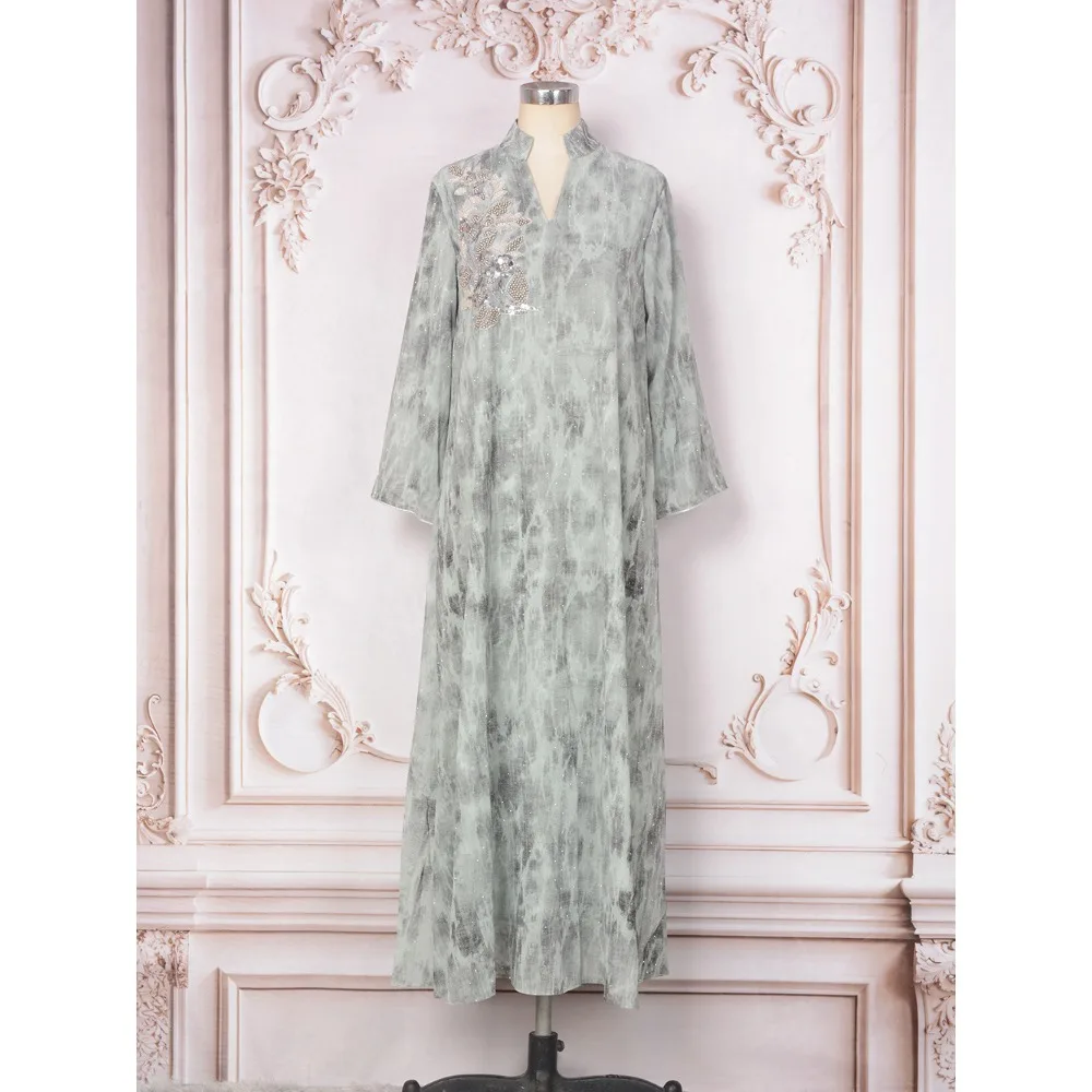 라마단 이슬람 여성 긴 드레스 진주 스팽글 자수 긴 소매 저녁 파티 가운 두바이 Femme 우아한 캐주얼 Vestidos Abaya