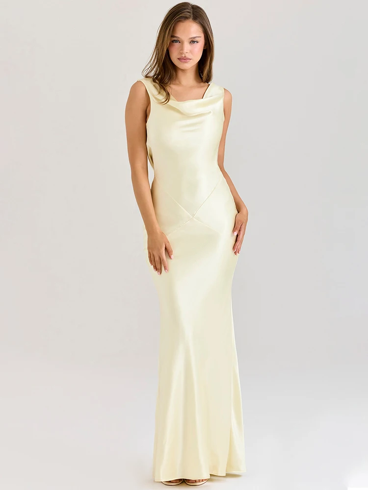 

Mozision Satin Backless Draped Sexy Maxi Dress Women Fashion Cowl Neck Sleeveless High Waist Club Party Long Dress Female New