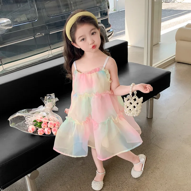 

Girls Summer Fairy Princess Dresses Sleeveless Rainbow Colorful Dress Children Mesh Birthday Party Clothes for 2-8 Years