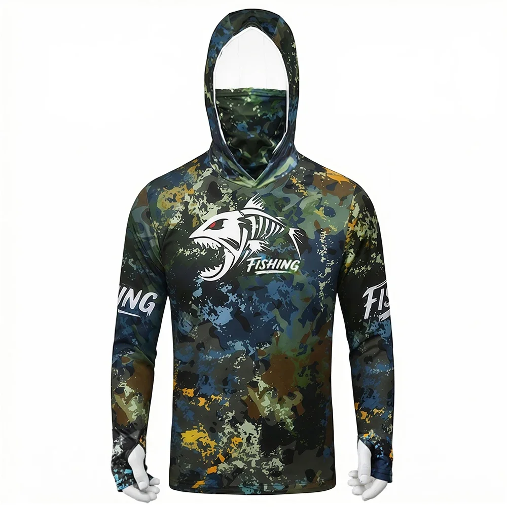 Herren Skelett-Fisch-Print UPF50+ Angelhemd mit Kapuze und Gesichtsmaske, Langarm, Schnelltrocknend, Anti-UV, Atmungsaktiv, Outdoor-Angeloberteil – Detail 9