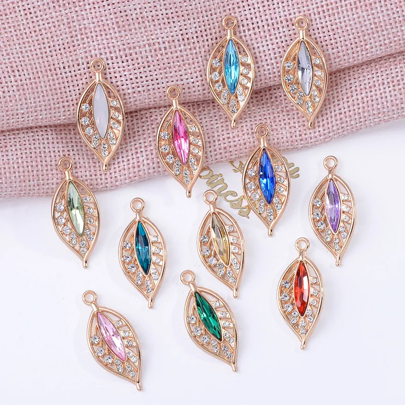 10/piece 13 * 31MM Multi-color Diamond Inlaid Hollow Leaf Pendant, Fashionable And Exquisite Bracelet Necklace, Alloy Accessory