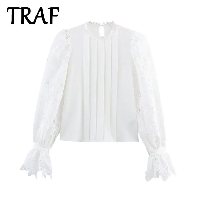 

TRAF Women's Shirt 2025 New Fashion hollow out embroidery Short Shirts Top Fashion Casual Streetwear puff sleeve Blouse Tops