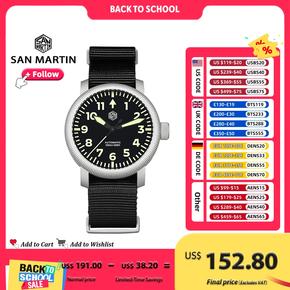 San Martin męski zegarek 40mm prosty styl pilotażowy koralik stal kropelkowa automatyczne zegarki mechaniczne wodoodporny 10Bar C3 Luminous SN0143