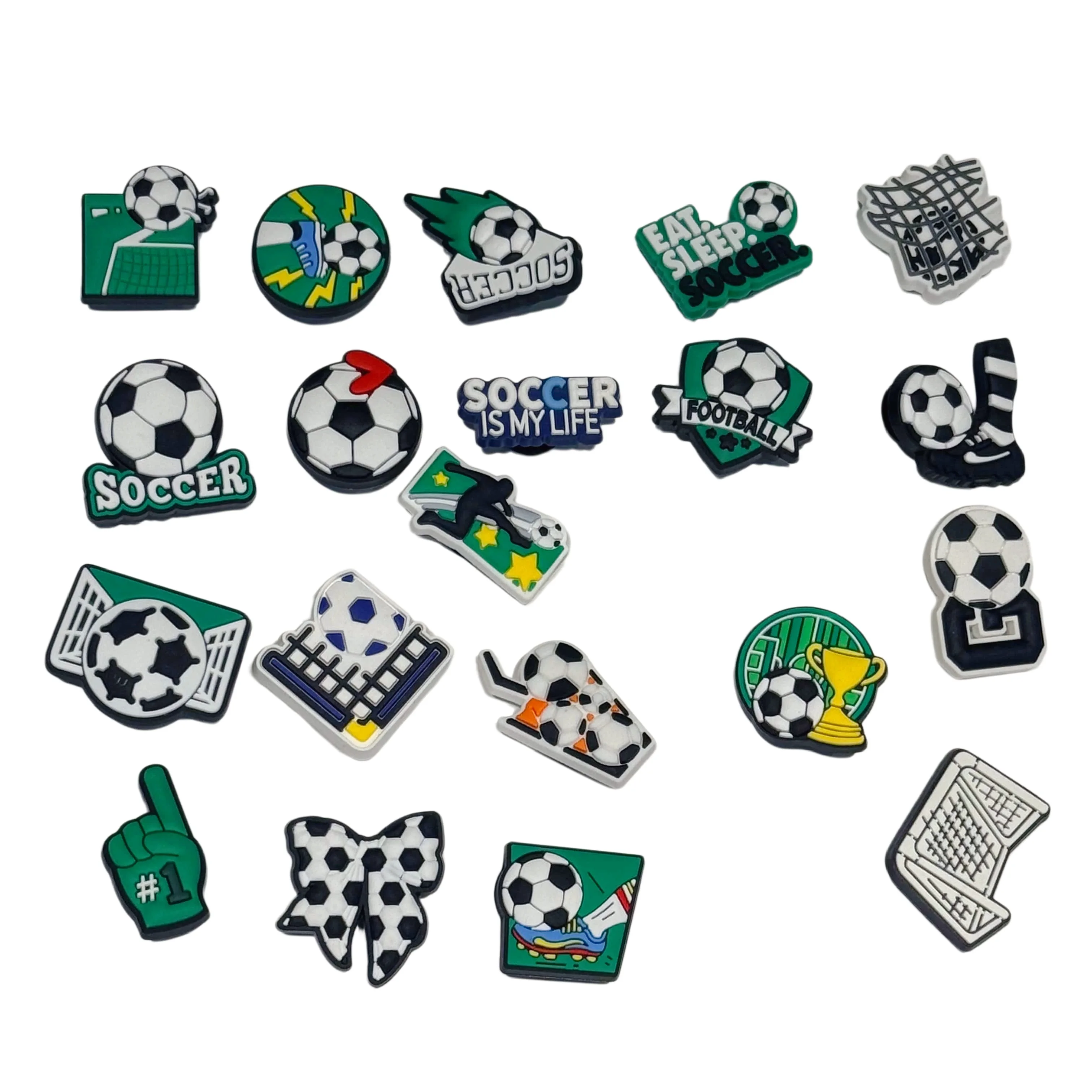 1-20個入り-スポーツ、食事、睡眠、サッカーをテーマにしたpvcシューズチャーム-サンダル、靴飾り、バックル、クロッグ、穴あきスリッパ用アクセサリー-ホリデープレゼント