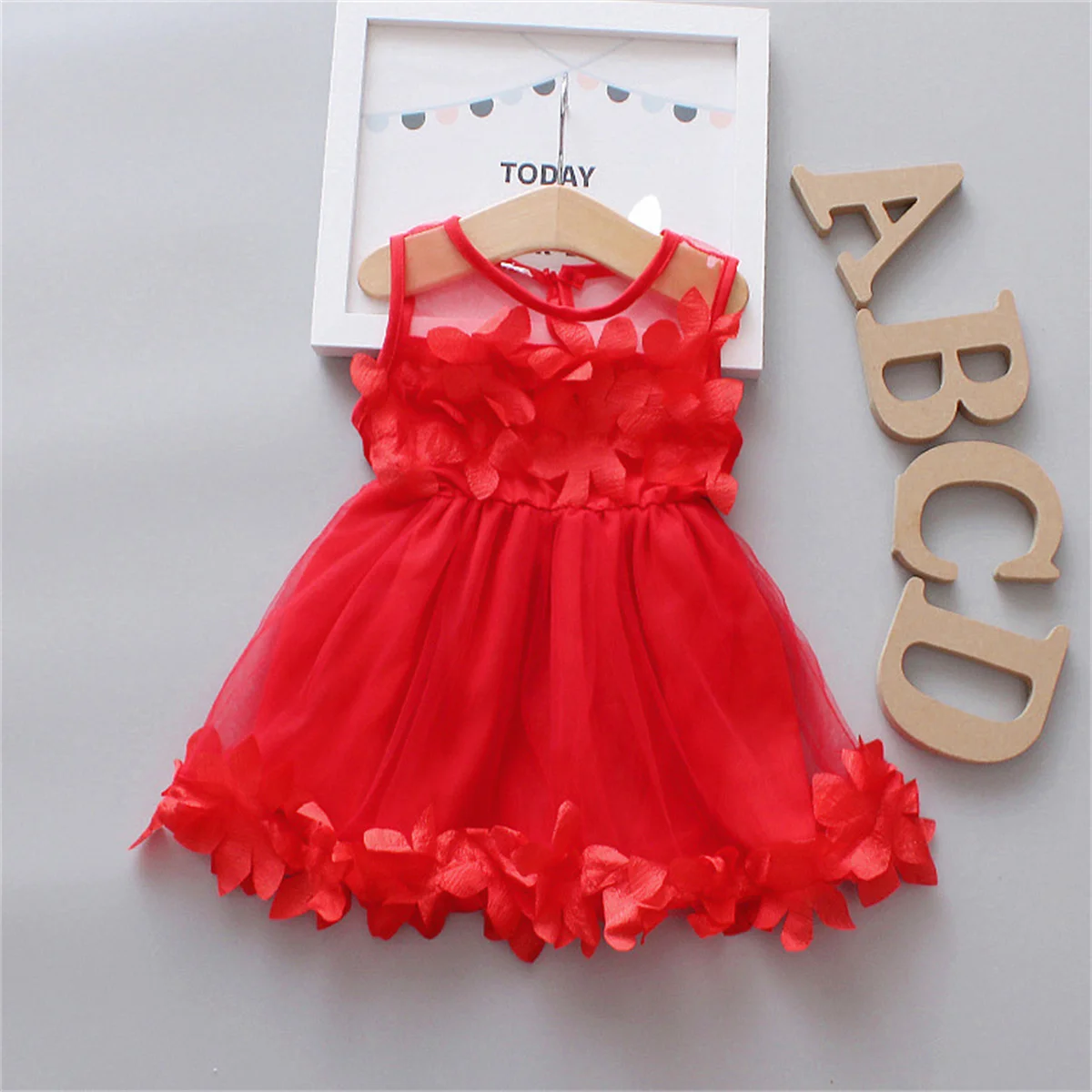 

Baby Girls' Dress Summer New Children's Clothing Hollow Mesh Vest Skirt Solid Color Three-Dimensional Flower Sleeveless Skirt