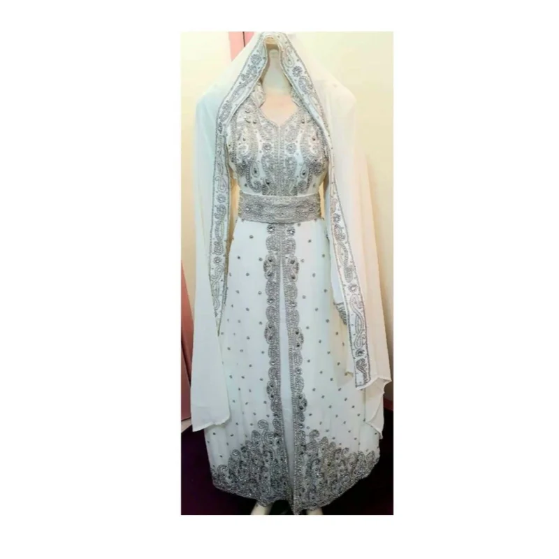 

White Dress African Costume Bridesmaid Abaya Long Dress Formal Beaded Dubai Moroccan Long Shirt