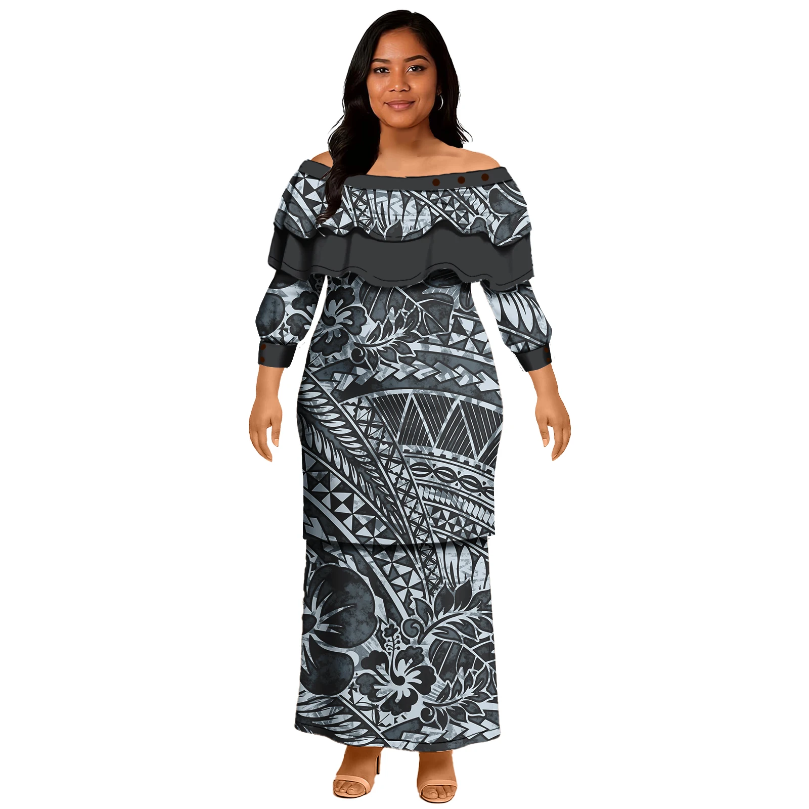 فستان بولينيزيا القبلي بنمط الأزهار Puletaha Samoan Puletasi مكون من قطعتين للسيدات