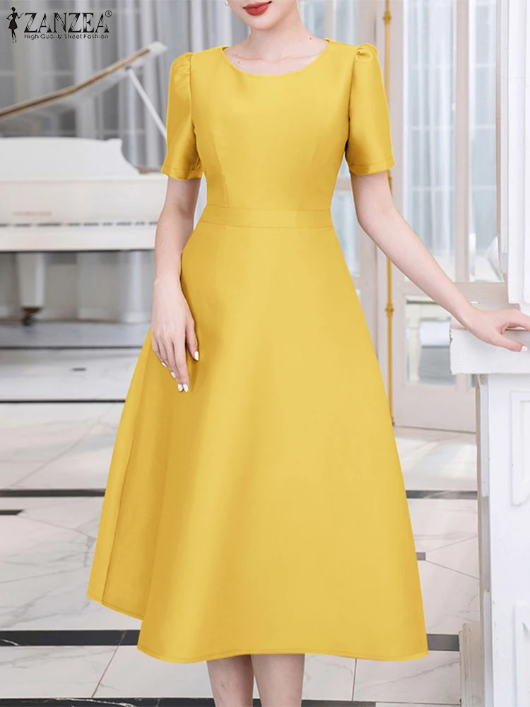 ZANZEA Elegante frauen Midi Roben Hohe Taille O Neck 2025, Frühling Kurze Puff Sleeve Party Kleid Mode Satin A-linie Vestidos