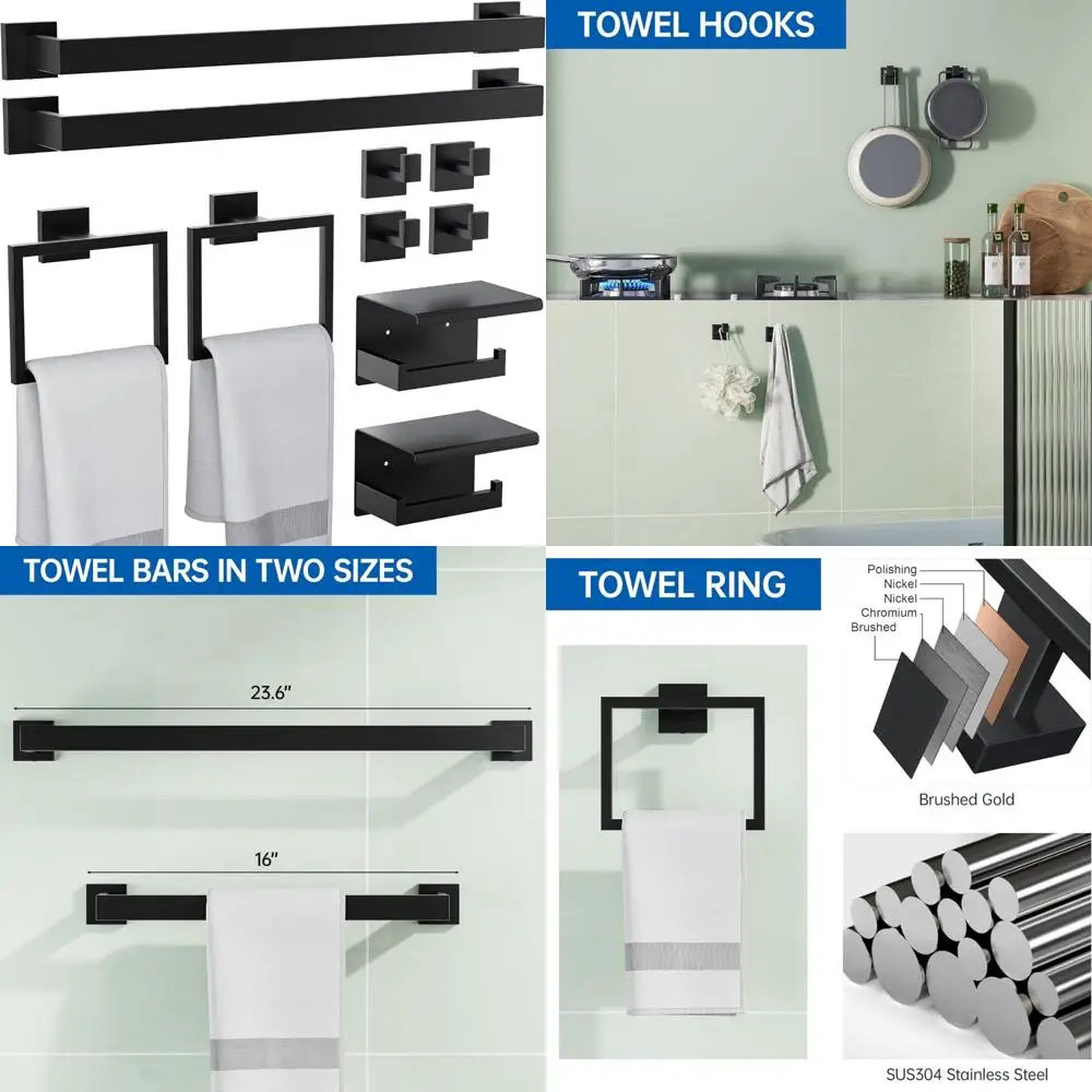 

Stainless Steel Bathroom Hardware Set - Wall Mounted Towel Bar, Toilet Paper Holder, Hooks, 23.6 Inch, Modern Bath Accessories