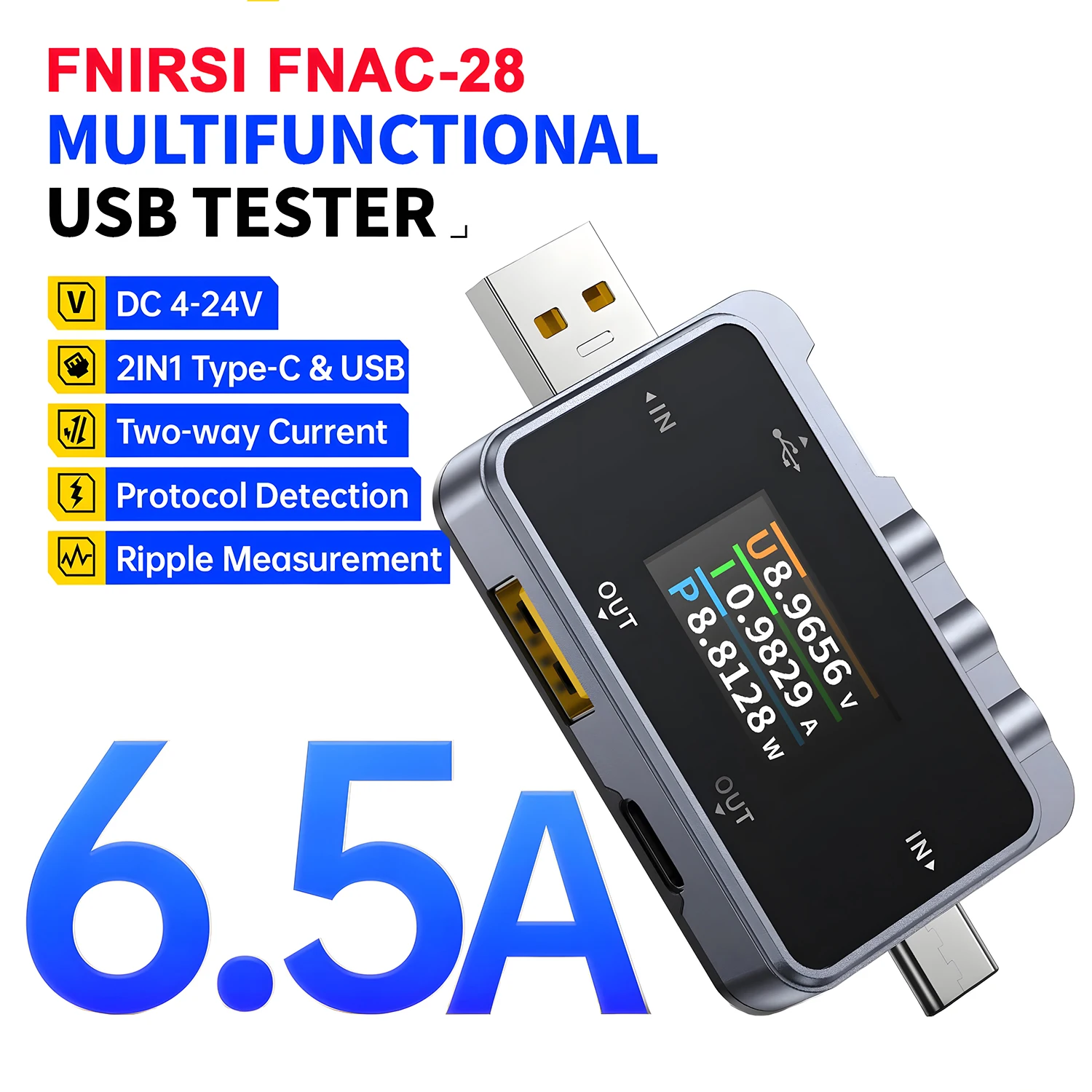 FNIRSI FNAC-28 Type-C USB Tester Digital Voltmeter Ammeter Voltage Current Meter Mobile Phone Laptop PC Power Bank Charger Test