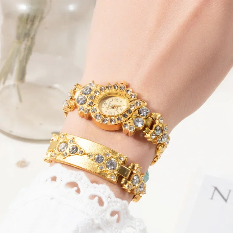 2pcs/set Women Fashion Gold Watch Quartz Luxury Crystal Bracelet Steel Ladies Wristwatch Woman Clock Bracelets