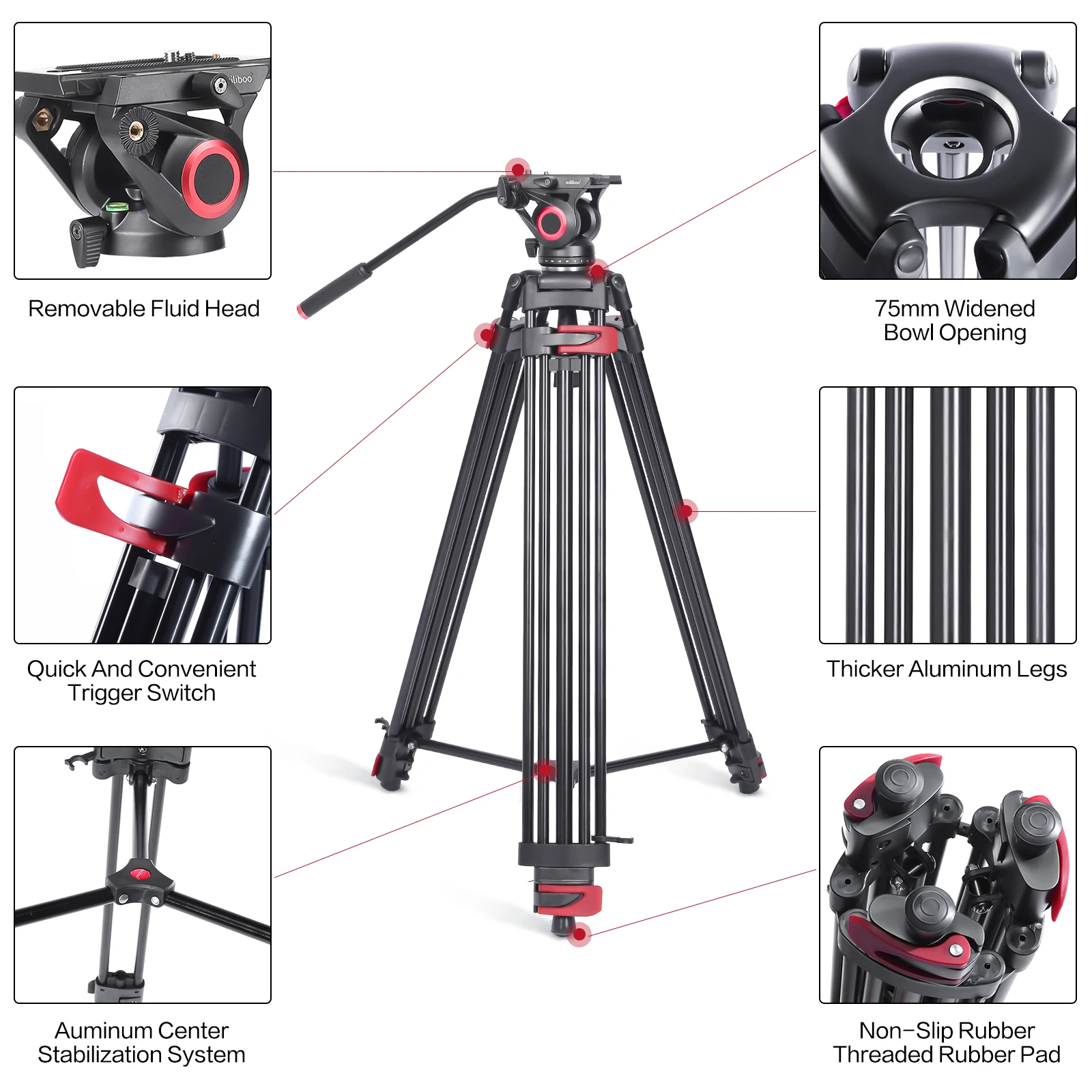 miliboo Tripod for Camera, 75.98” Video Tripod Stand 360° Pan&-75°/+90° Tilt Head Quick Release Mid-Level Spreader MTT602II-AL