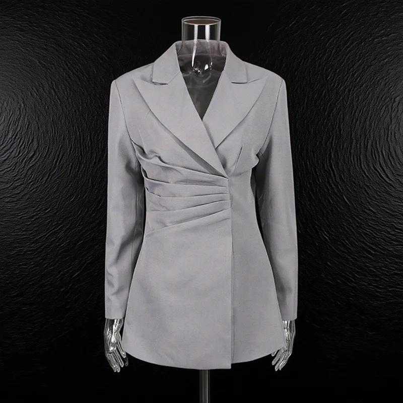 

Elegant Uneven European Style Suit Jacket Women's Waist-Cinching Coat Autumn Fashionable Versatile Pleated Outerwear