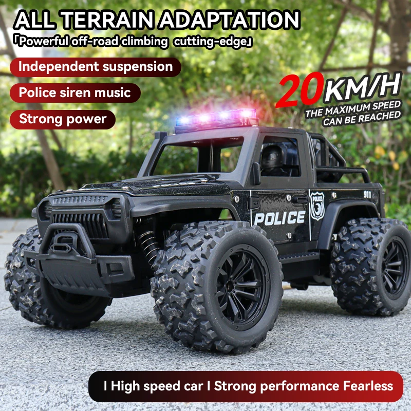 

1:16 Alloy High Speed Off-Road Police Truck RC Car with Music Sound and LED Lights Outdoor Toy 2.4G Remote Control Cars