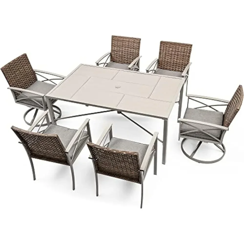 

7-Piece Patio Dining Set, Outdoor Wicker Conversation Furniture with 2 Rocking Chairs, Soft Gray Cushions