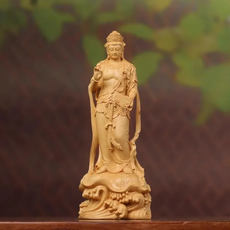 Hand Carved Boxwood Wooden Sunlight Moonlight Bodhisattva Statues Pair (Set of 2) - Spiritual Ornament Home Temple Altar Decor