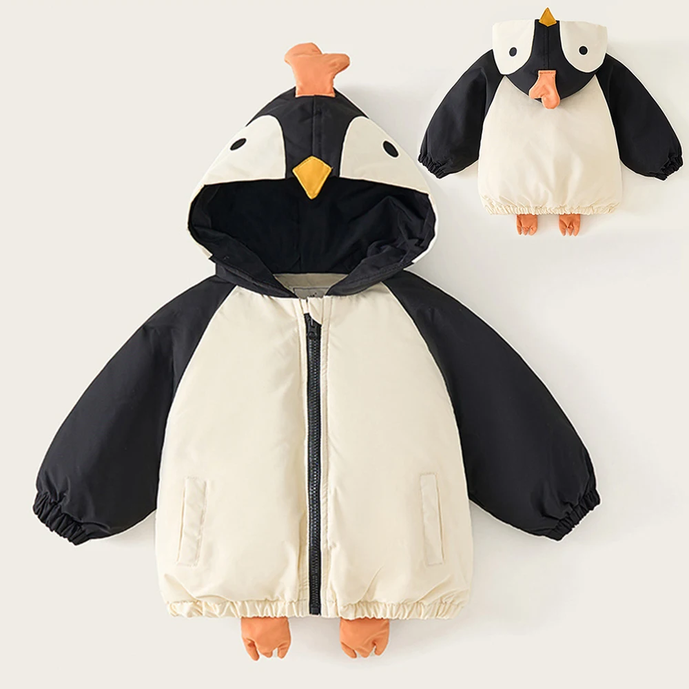 

Children's Down Jacket 2025 Winter Coat Baby Cartoon Top Casual Hoodie Cartoon Penguin Patchwork Jacket Autumn Zipper Clothing