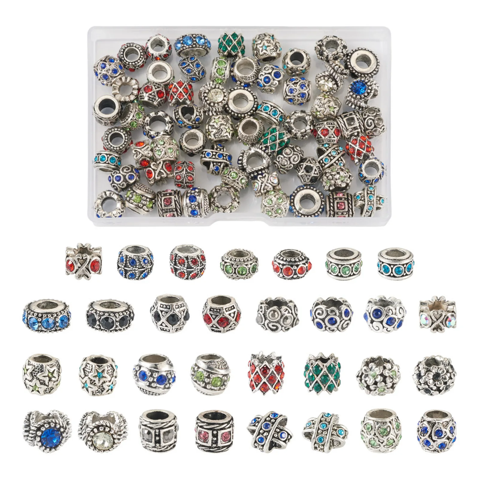 62Pcs Antique Silver Color Rondelle Cross Barrel Shape Alloy Rhinestone European Beads Large Hole Spacer Beads for Bracelet DIY