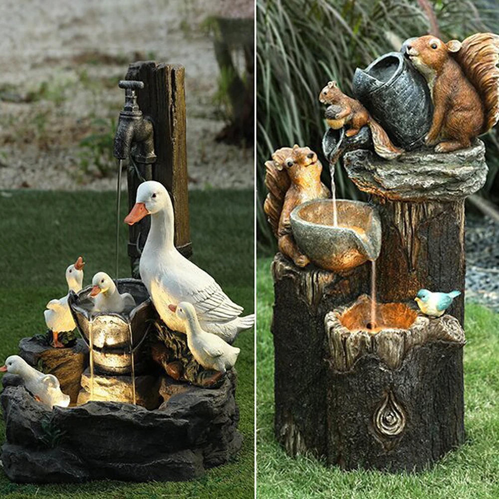 

Solar Power Resin Patio Fountain Garden Design With Led Light Duck Squirrel Garden Buildings Simulation Decoration Outdoor