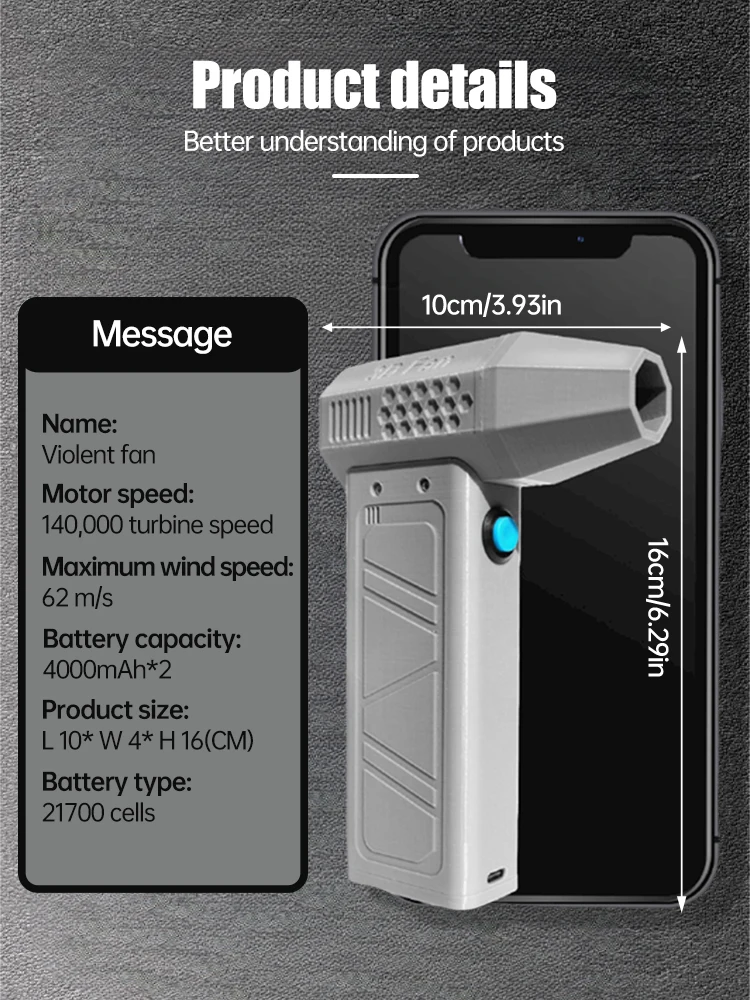 Imagem -06 - Rpm Mini Turbo Jet Ventilador Motor sem Escova Ventilador de Duto Portátil 52 m s Ventilador Turbo Portátil Tipo-c Carregamento com Display de Energia Compa 140000