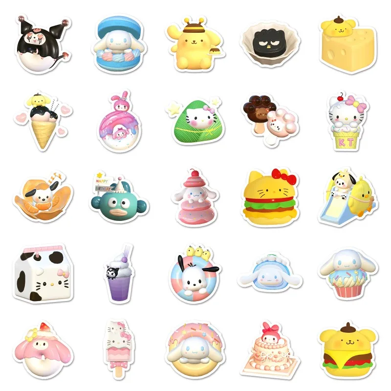 50pcs 3D Sanrio Food Stickers Cartoon Cute Cinnamoroll PomPomPurin Kuromi Waterproof Decorative Water Cup Laptop Luggage Sticker