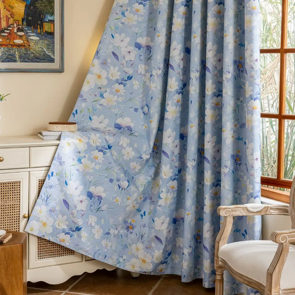 1PC Light Blue Floral Patterned Curtains for Living Rooms 100% Blackout Retro Floral Printed Curtains Healing Home Decor