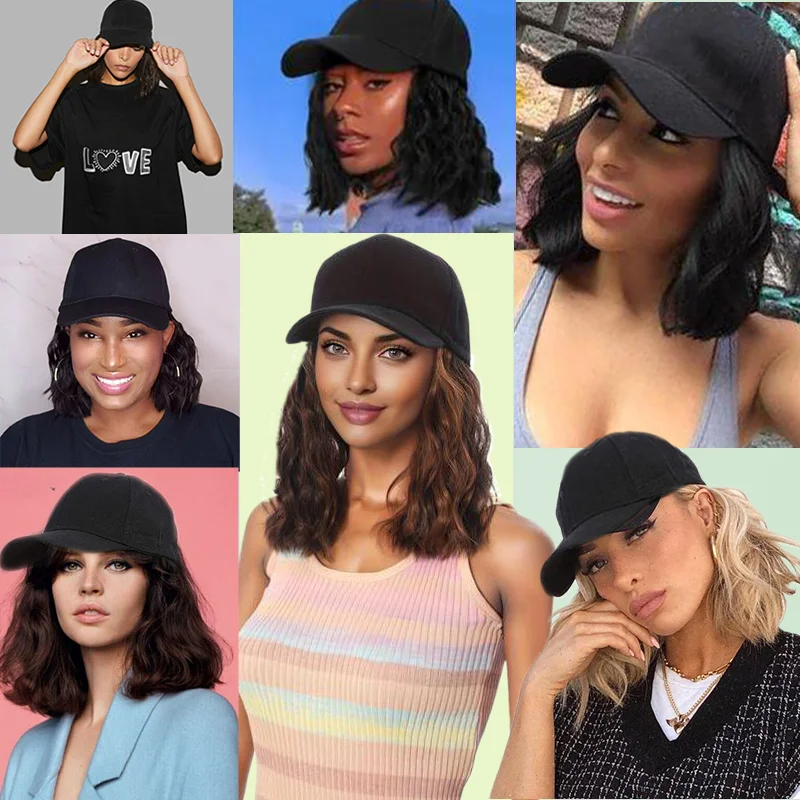 LUPU Synthetic Baseball Hat Wig For Women Adjustable Baseball Cap With Hair Extension 12 Inch Short Curly Bob Wig For Daily Use