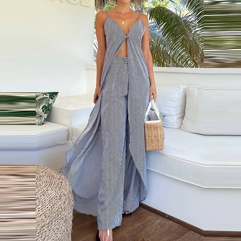 

Casual Loose Bohemian Beach Vacation Outfits Sexy V Neck Suspender Long Tops & Pants Suits Fashion Stripe Printed 2 Piece Sets