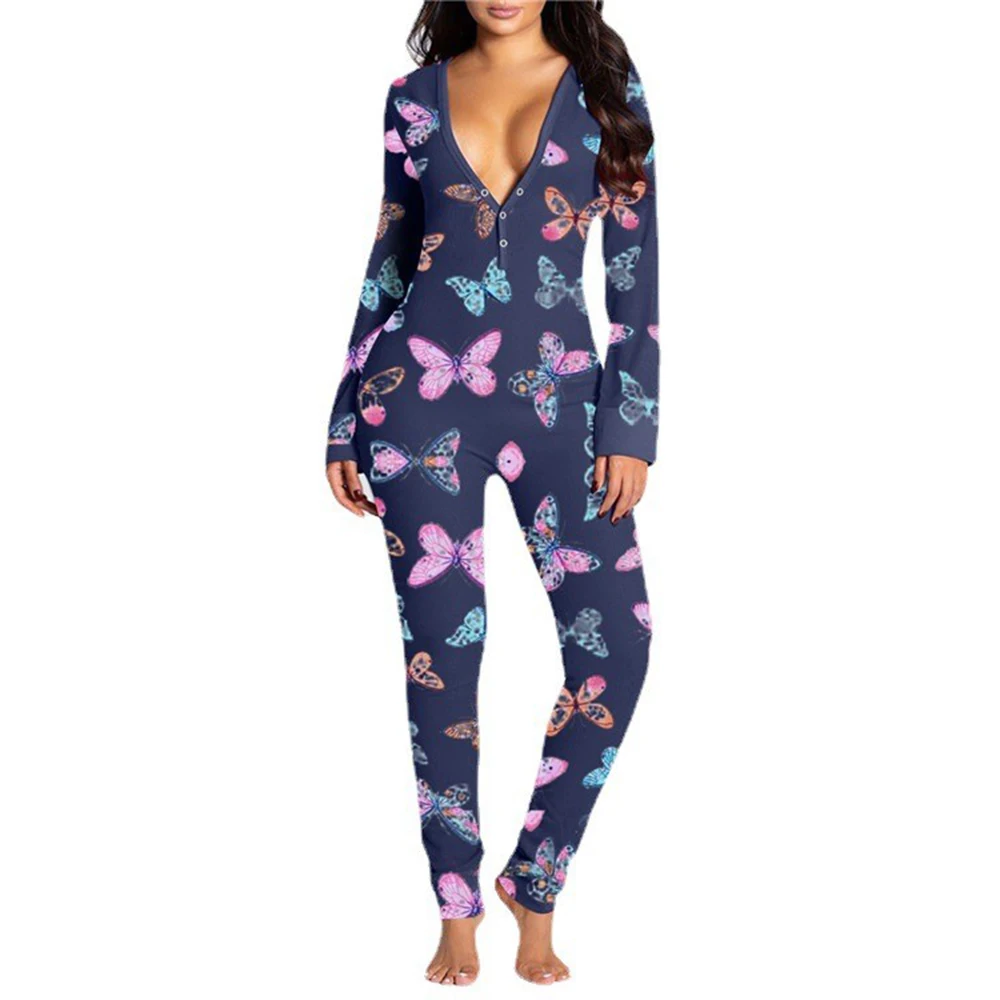 Vrouwen Sexy Pyjama Rompertjes Button-Down Front Functionele Dichtgeknoopt Flap Volwassenen Pyjama V-hals Lange Mouw Jumpsuit Vr