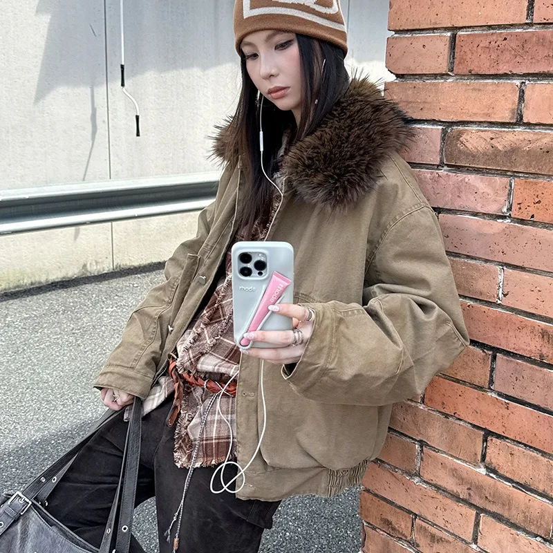 

YYAHAS, американская модная уличная ретро-меховая одежда с меховым воротником, пуховая хлопковая зимняя новинка 209, толстая куртка, женская одежда