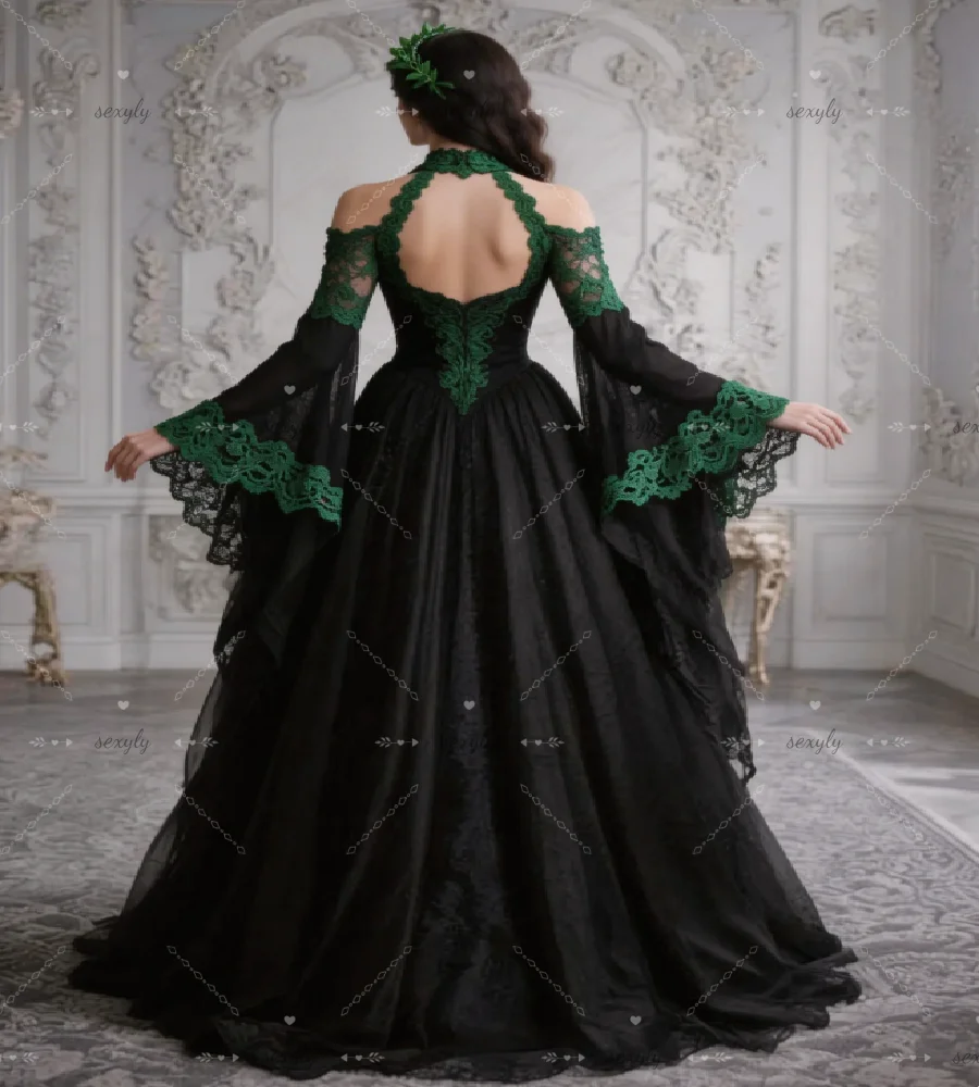 Mystical Black With Green Lace Gothic Wedding Dress 2026 Flare Sleeves Bohemian Forest Country Bridal Gowns Celtic Renaissance