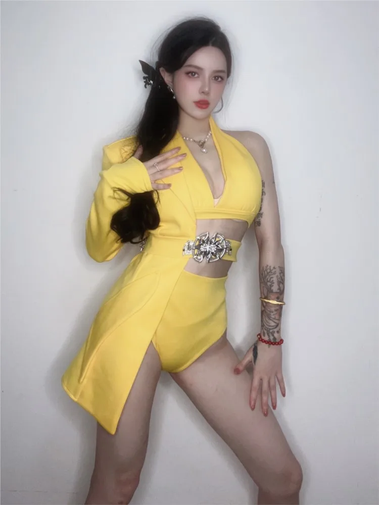 

Nightclub Bar Gogo Singer Lead Dance Ds Stage Performance Outfit Yellow Long Sleeved Half Length Suit Sexy Split Suit