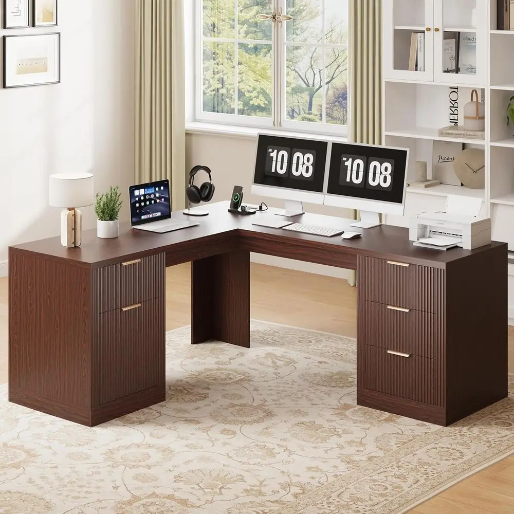 

69 Large L-Shaped Wood Computer Desk with Power Outlets & Storage, Walnut Finish for Home Office