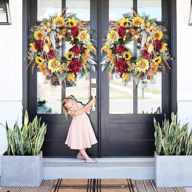 1PC Sunflower Wreath Country French Wreath Fake Flower Welcome Sign Garland Hanging Front Door Decor for Home Party 40cm