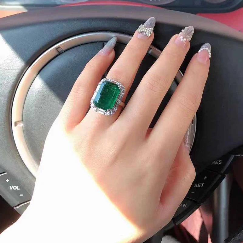 خواتم فضية عيار 925 أنيقة وعالية الجودة من الأحجار الكريمة الخضراء للنساء خاتم مستطيل عتيق رائع هدية مجوهرات الزفاف #4