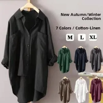 Women's Long irt with Double kets Commute Sle Cotton Formal Wear Resistant to Deformation Pure Color Busin Lady