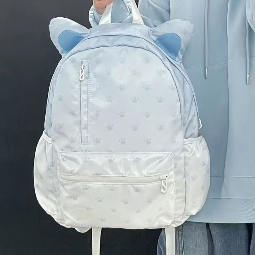 Y2K Light Blue Cat Ear Backpack Fashionable and Cute Cat Paw Print Pattern Backpack Girls' Daily Versatile School Travel Bag