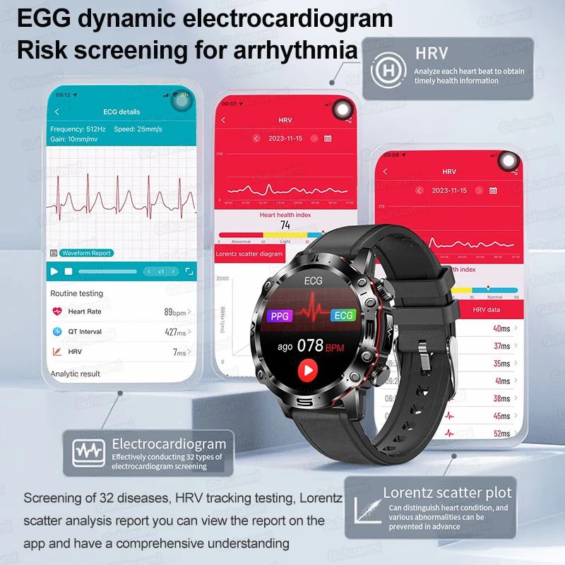 Reloj inteligente con diagnóstico médico AI 2024, llamada Bluetooth, azúcar en sangre, lípidos en sangre, Monitor de ácido úrico, HRV ECG, reloj