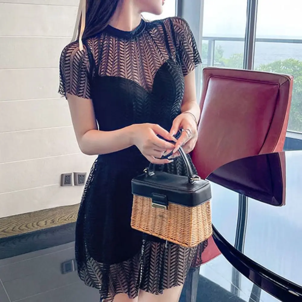 

Mesh Hollow Lace Skirt Swimsuit Short Sleeve Backless Bathing Swimwear Suit Beachwear Transparent Hot Spring Swimwear Women