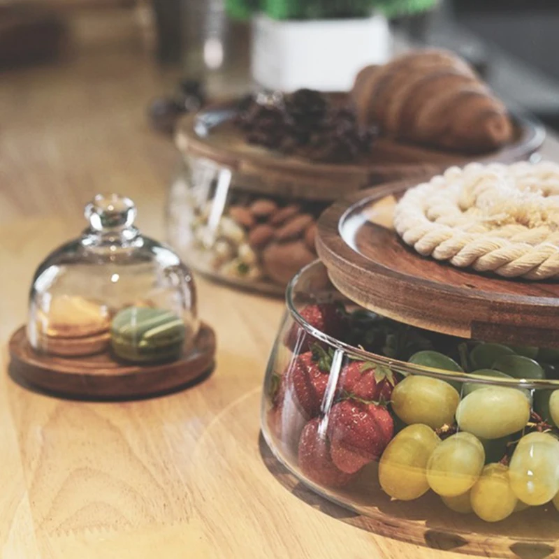 Contenedores creativos de vidrio para almacenamiento de alimentos con tapa de madera, organizador de almacenamiento de artículos diversos para aperitivos, frutas, dulces y nueces