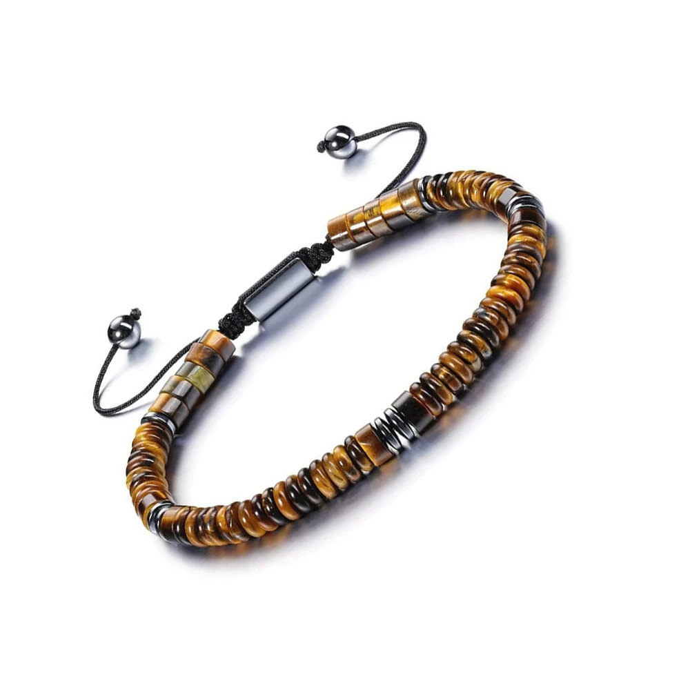 Bracelet ajustable Œil de tigre jaune, perles plates en pierre naturelle de guérison, avec hématite noire pour la connexion énergétique et la guérison